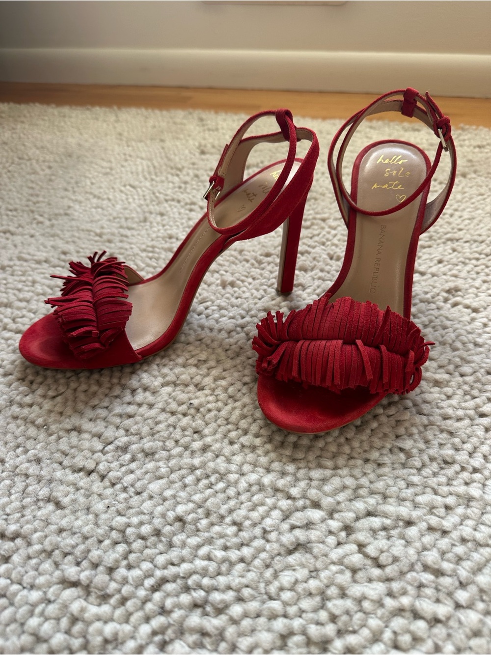 Banana Republic Red Suede Fringe Ankle Strap Heeled Sandals Size 9
